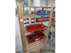 Wood shelf and contents: drill bits, hydraulic jack,...
